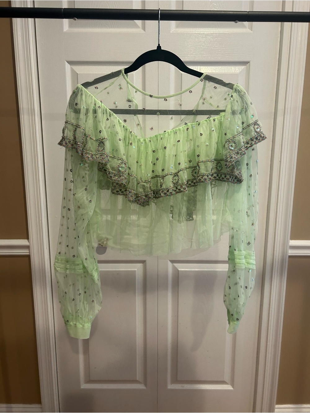 Free People Sheer Ruffled Embellished Beaded Top - Light Green